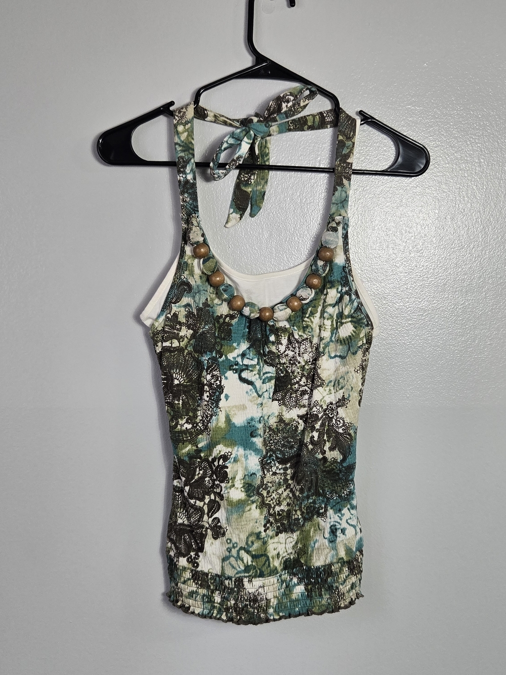 Almost Famous Vintage Y2K Beaded Halter Top Olive Teal Abstract Smocked Cami M